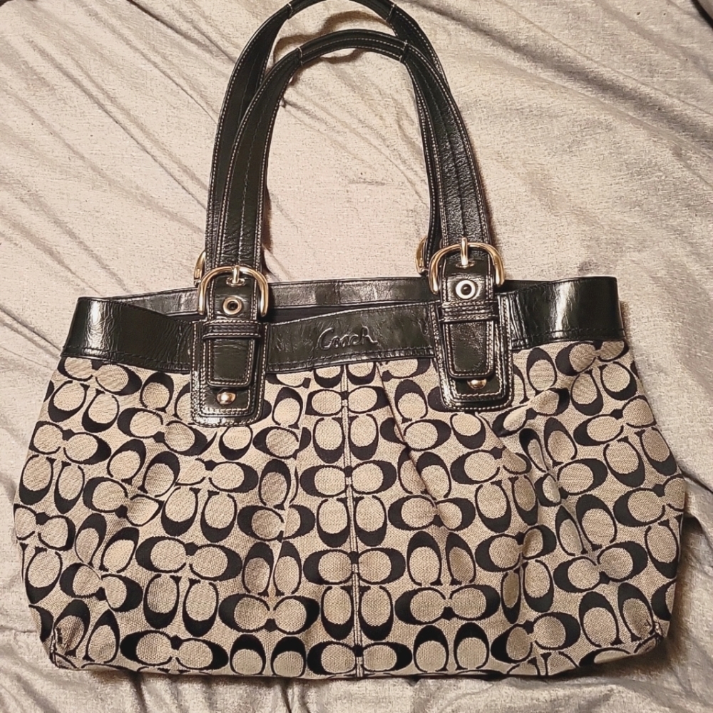 COACH F13743 Soho Pleated Tote Signature C Black/Beige Jacquard Leather Shoulder